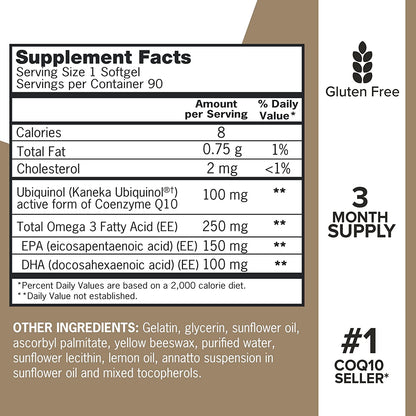 Ubiquinol 200 mg + Omega-3 250 mg Qunol Plus - 90 Capsulas Blandas