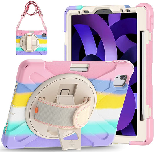 Funda protectora para iPad Air 5/4 con correa de soporte para lápices, color rosa arcoíris