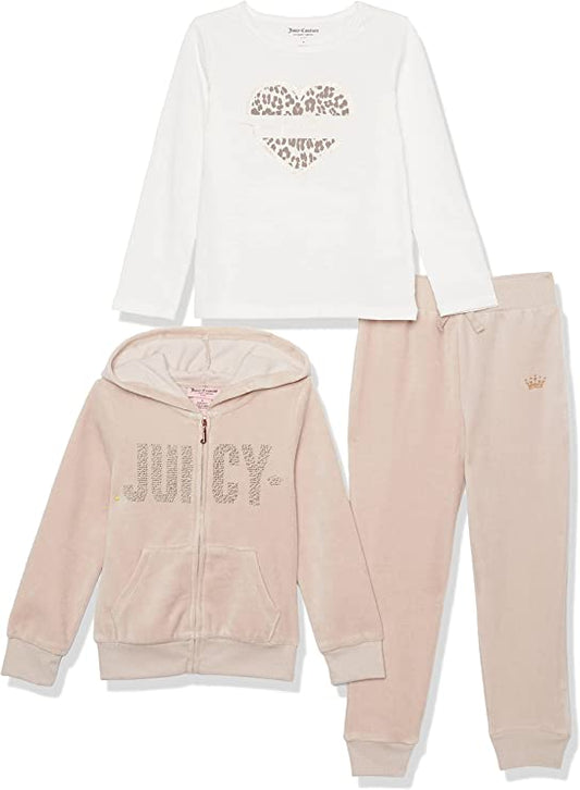 Juicy Couture Conjunto de 3 piezas con capucha para niñas Rosa susurrante