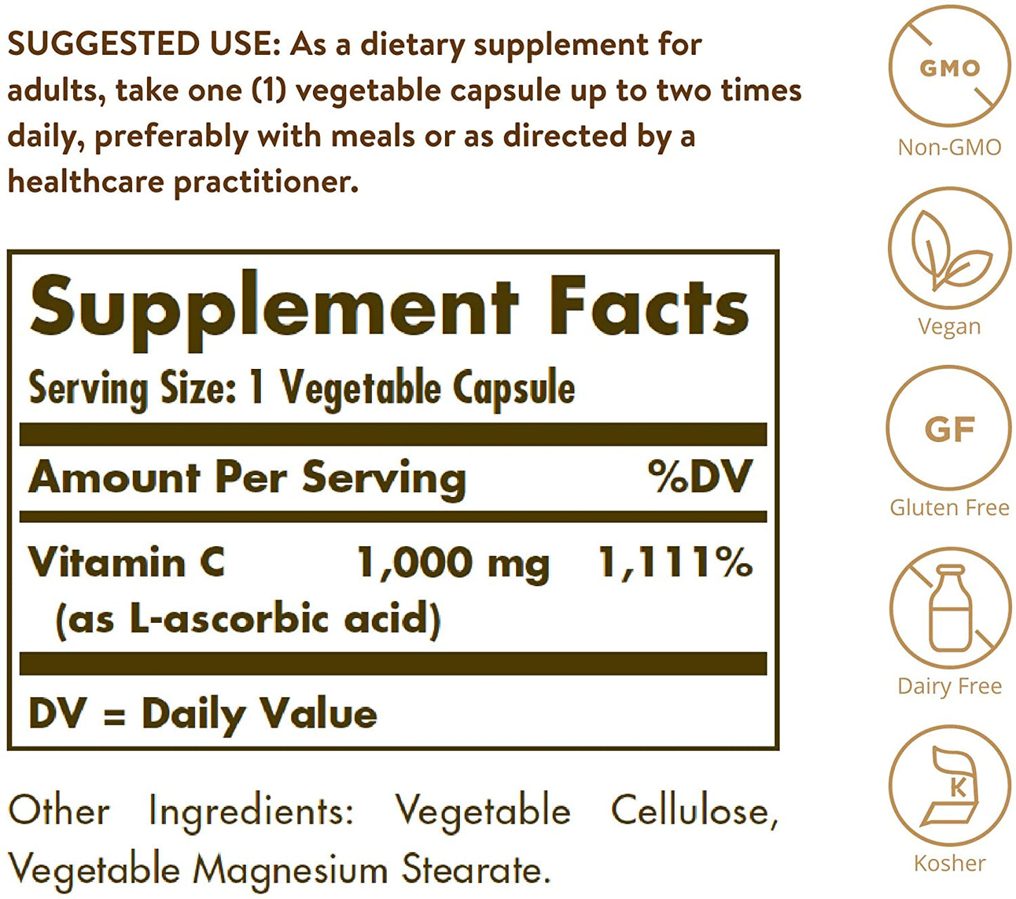 Solgar Vitamina C 1000 mg, 100 cápsulas vegetales, antioxidante , salud general, piel, suplemento de bioflavonoides, 100 Capsulas