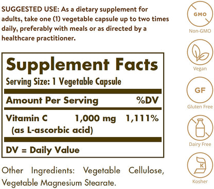 Solgar Vitamina C 1000 mg, 100 cápsulas vegetales, antioxidante , salud general, piel, suplemento de bioflavonoides, 100 Capsulas