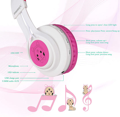 Riwbox CT-7 - Audifonos con diseño de oreja de gato con luz LED, inalámbricos, plegables, con micrófono y control de volumen, para iPhone, iPad, smartphones, computadora portátil, PC/TV (blanco y rosa)
